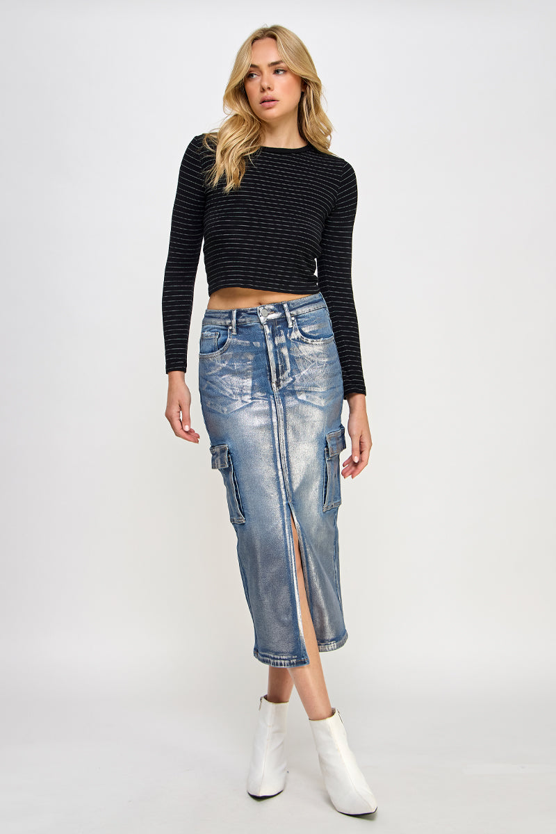 METALLIC CARGO DENIM SKIRT