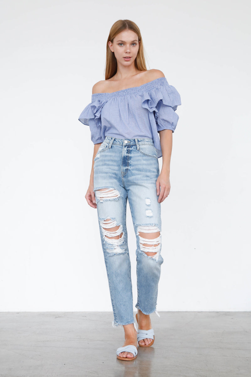 Girls High Rise Mom Jeans Light Ripped Wash - Main Image