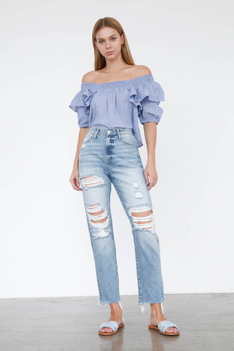 Girls High Rise Mom Jeans Light Ripped Wash - Insanegene.com
