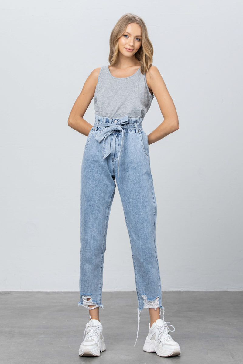 Blue high waisted frayed outlet paper bag mom jeans