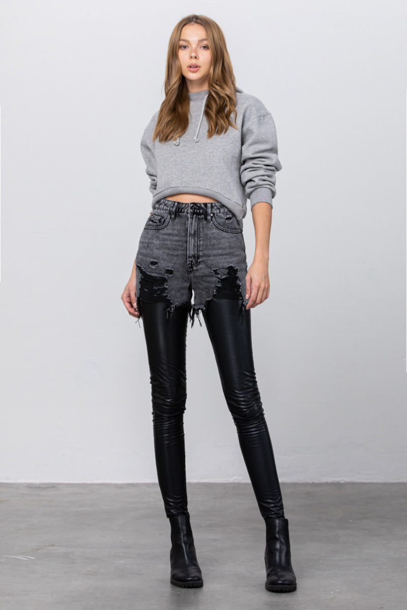 Distressed Love PU Leather Combo Denim Pants - Main Image