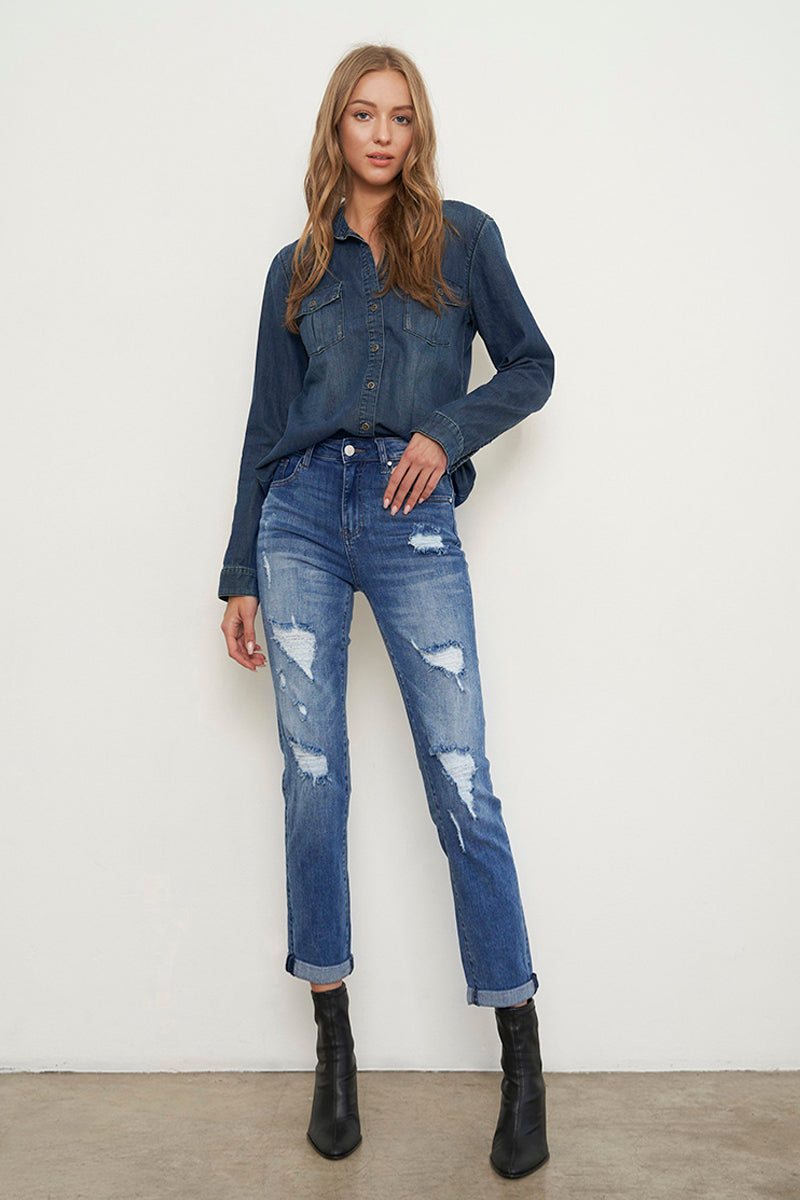 One of Kind Slim Distressed Girlfriend Jeans - Main Image