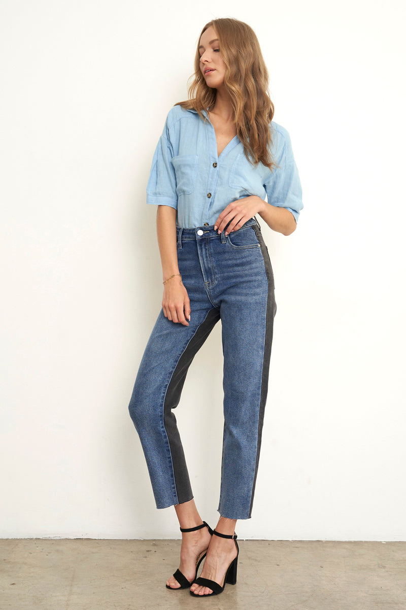 High Waist Black Denim Combo Girlfriend Jeans - Insanegene.com