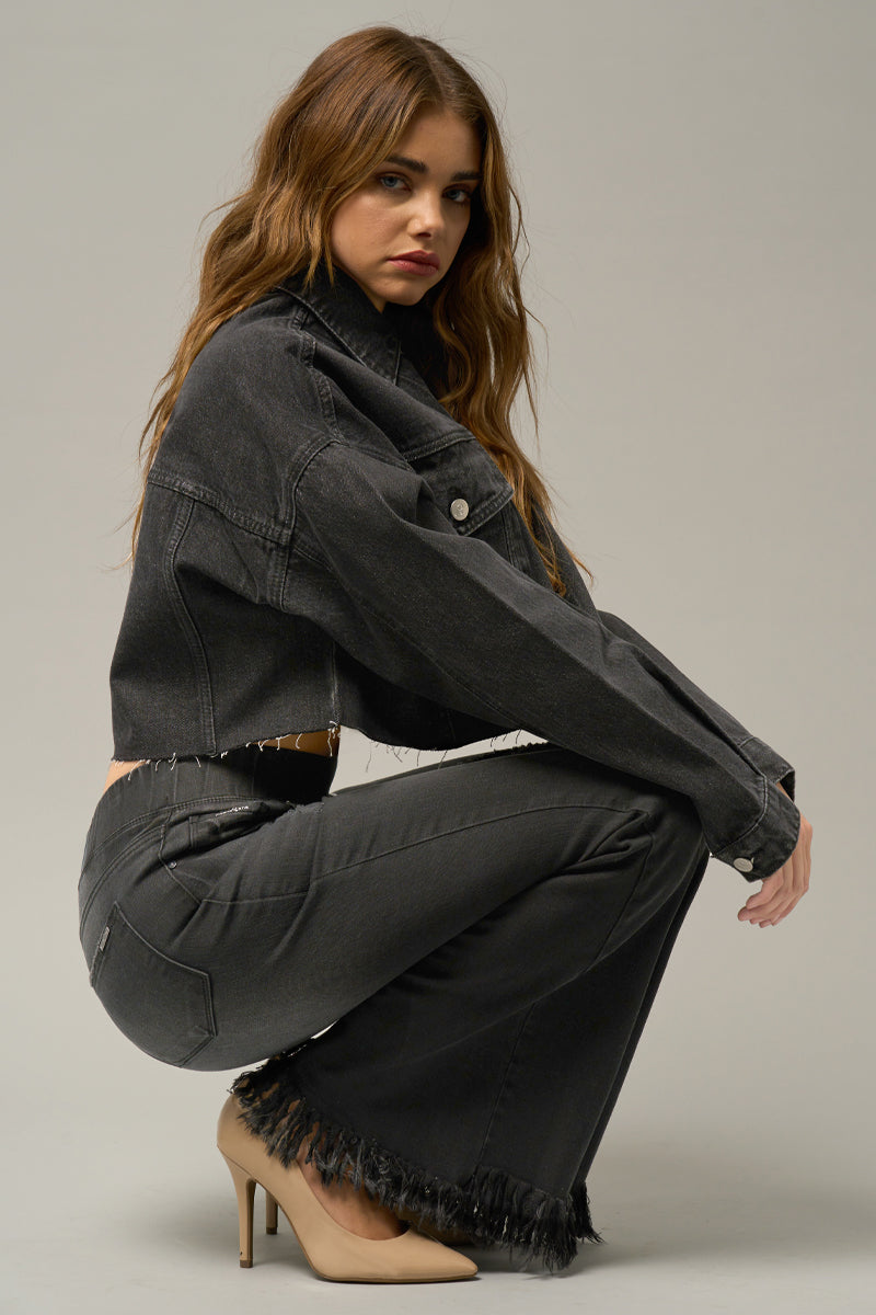 Show Off Wide Elastic Banded Fray Flare Jeans | Insanegene.com