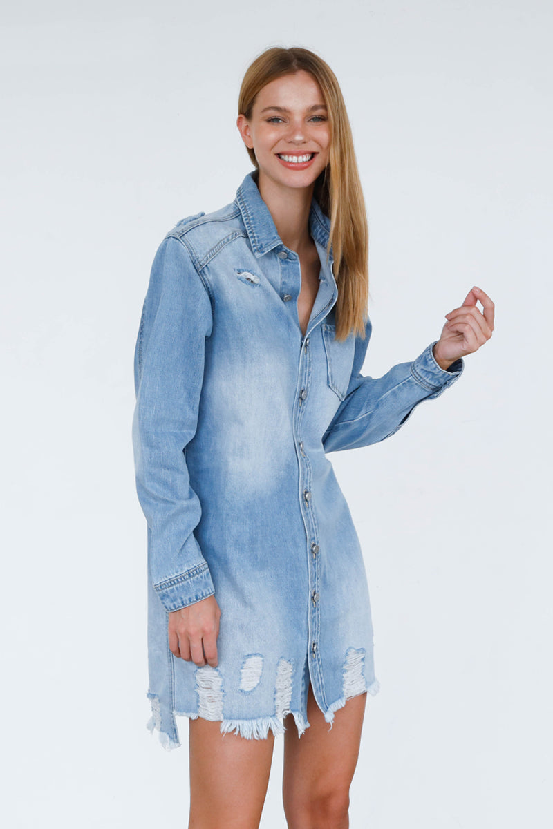 Heavy Bottom Destroyed Shirt Dress - Insanegene.com