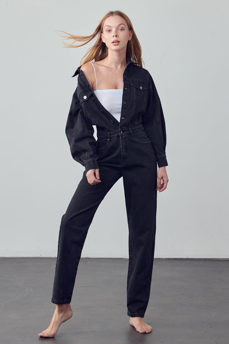 Soda Balloon Sleeve Denim Jumpsuit Black Denim - Insanegene.com