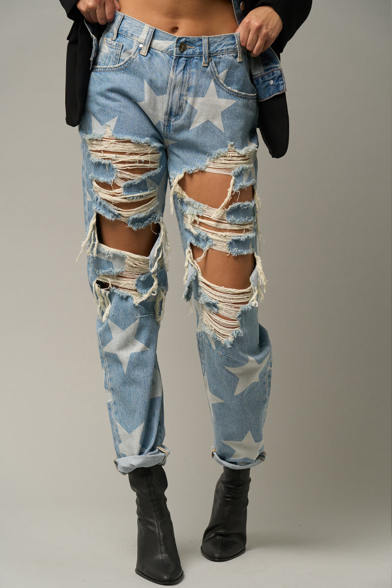 Star Print Design Ripped Slouch Jeans Light Denim - Insanegene.com