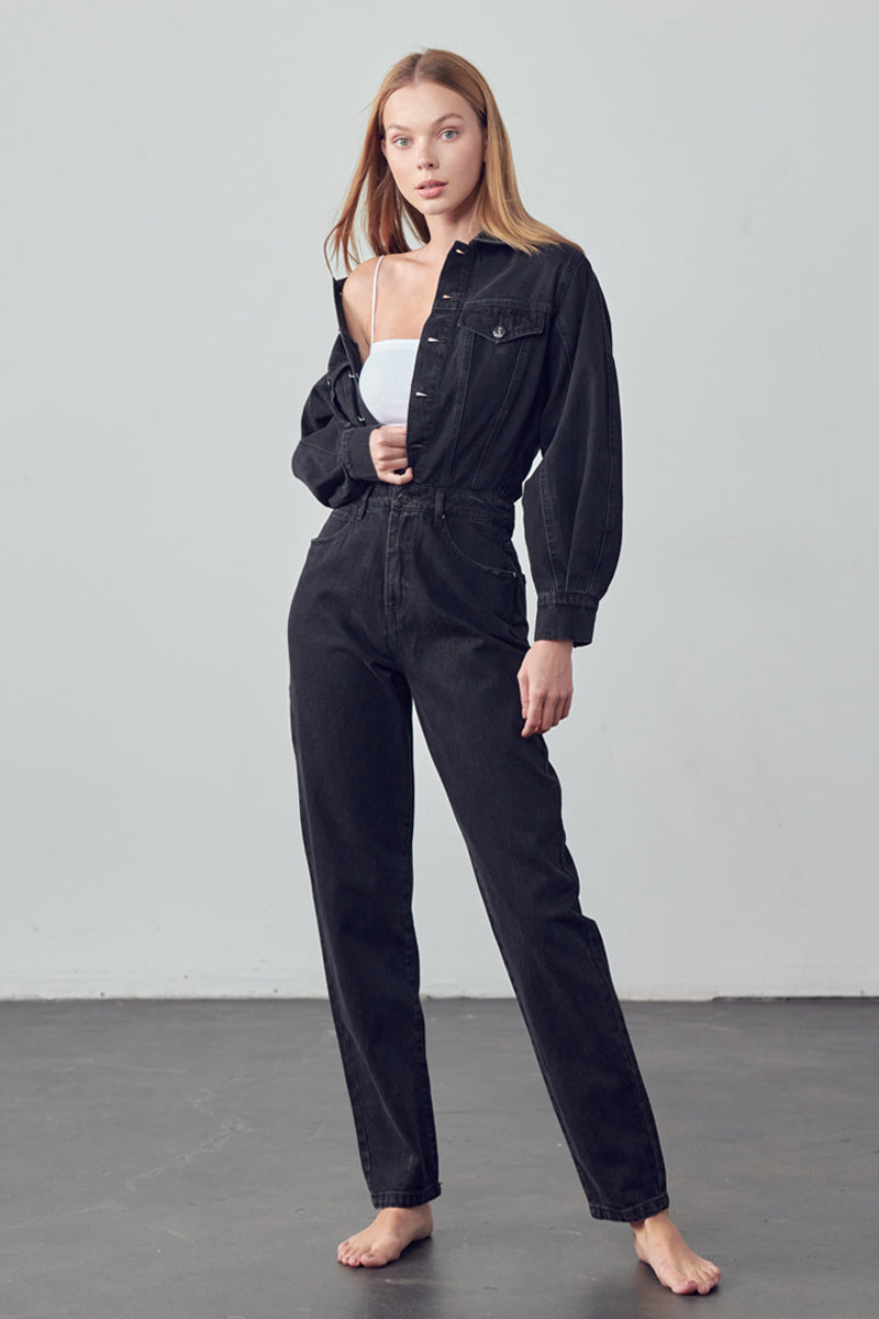 Soda Balloon Sleeve Denim Jumpsuit Black Denim - Insanegene.com