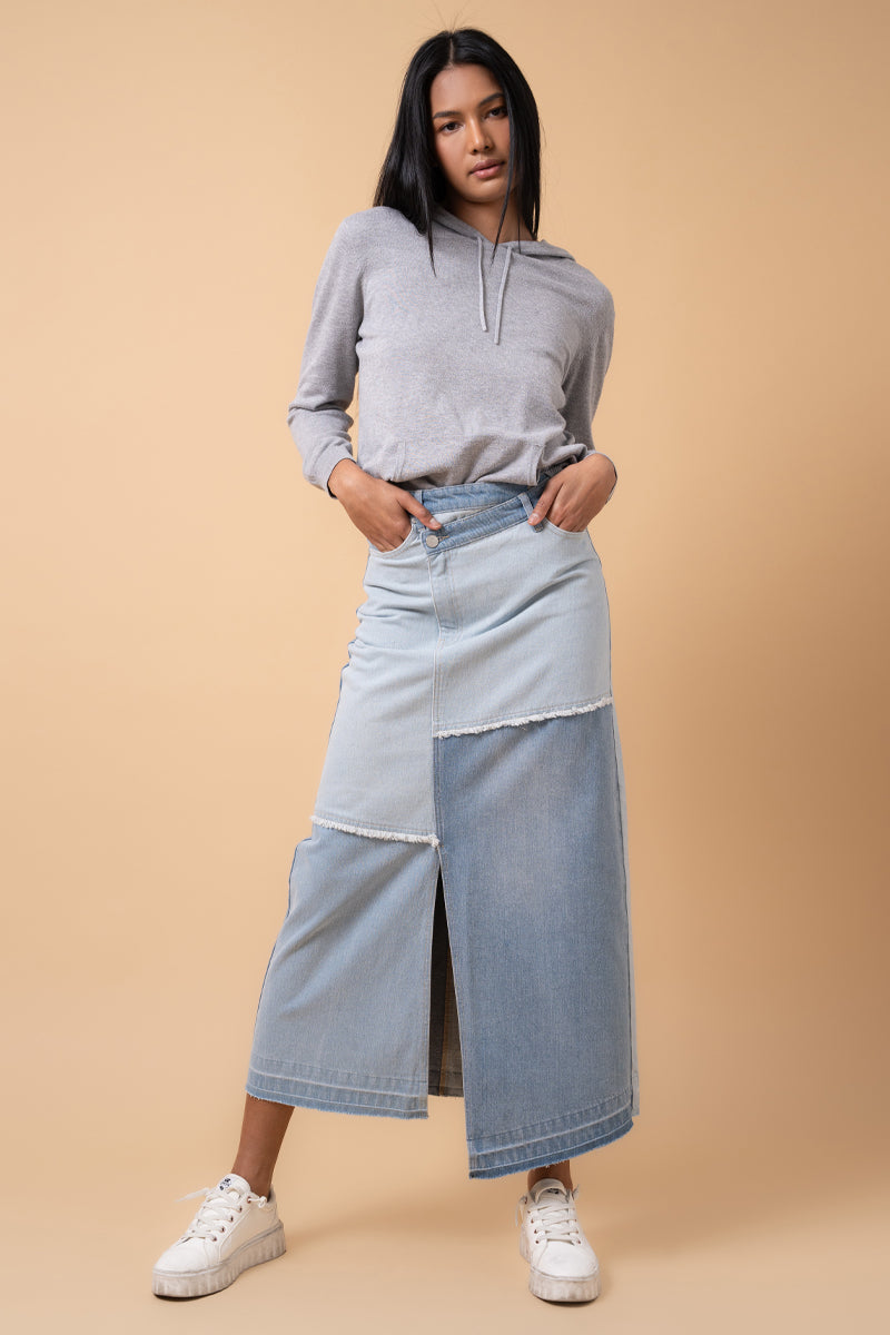 Crossover Maxi  Patchwork Denim Skirt Combo 