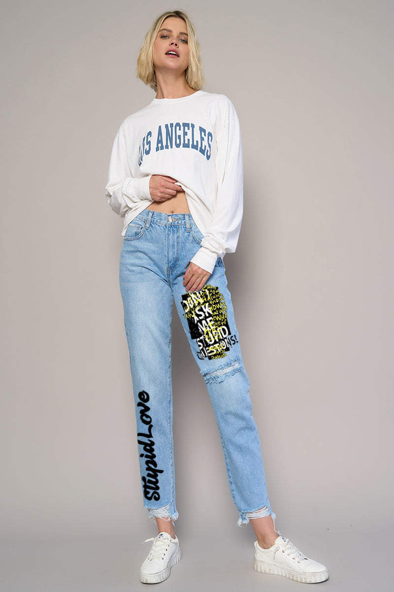 Experimental Trend Tapered Jeans With Stylish Print