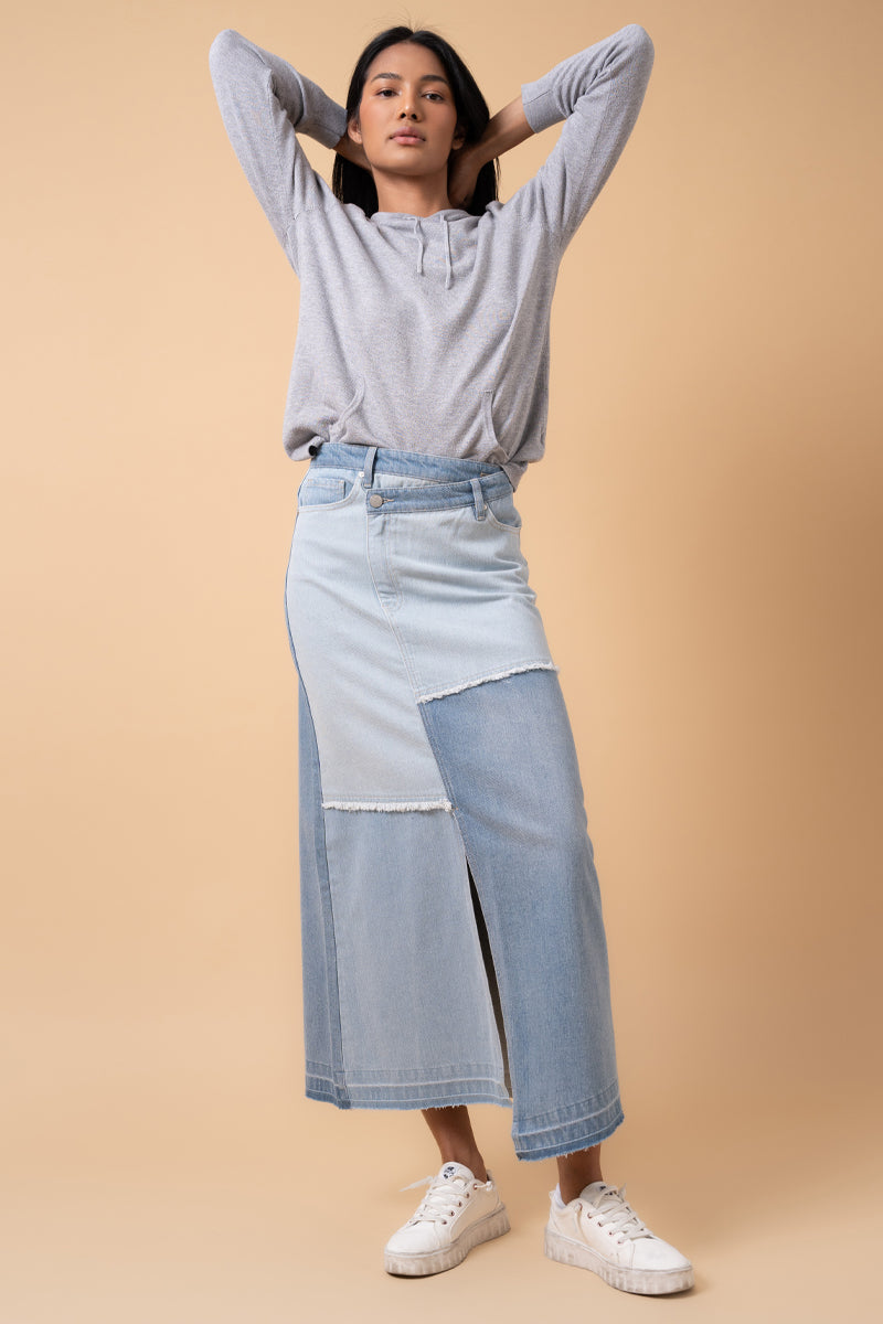 Crossover Maxi  Patchwork Denim Skirt Combo 