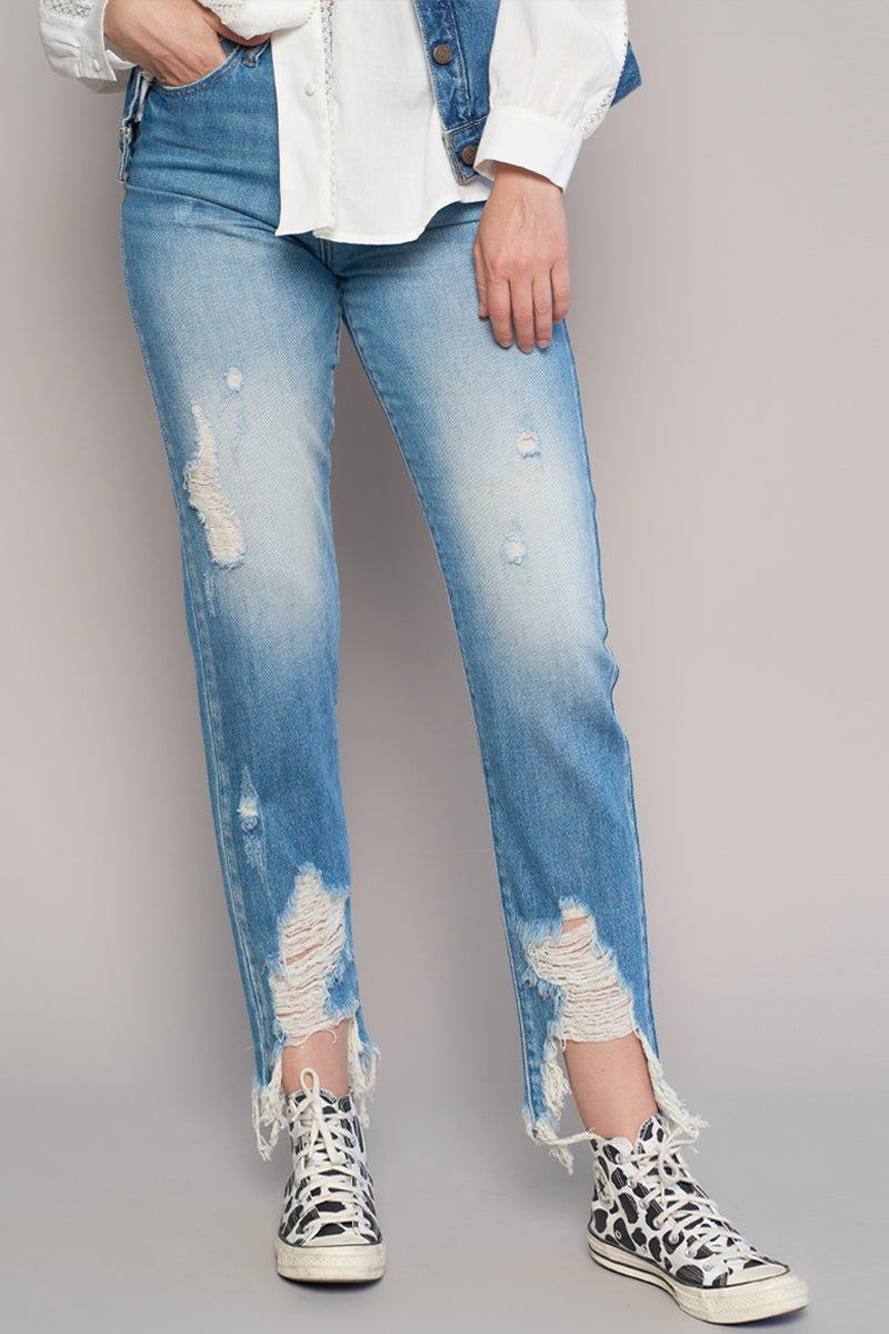 Pure Blue Crew Ripped Girlfriend Jeans Without Belt - Insanegene.com