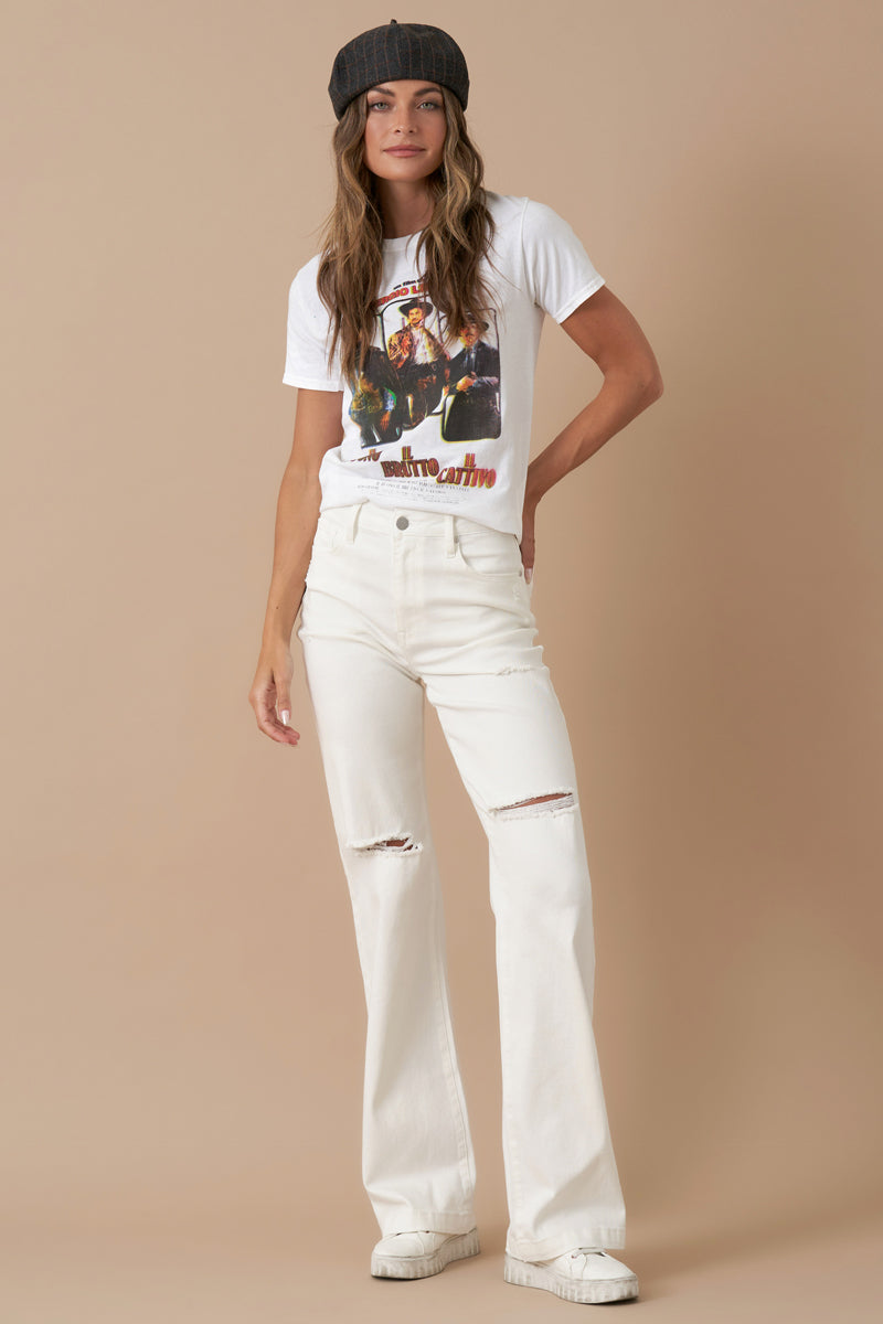 High Rise Marine Straight Distressed White Denim 