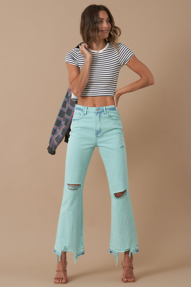 High Rise Crop Flare Distressed Jeans 