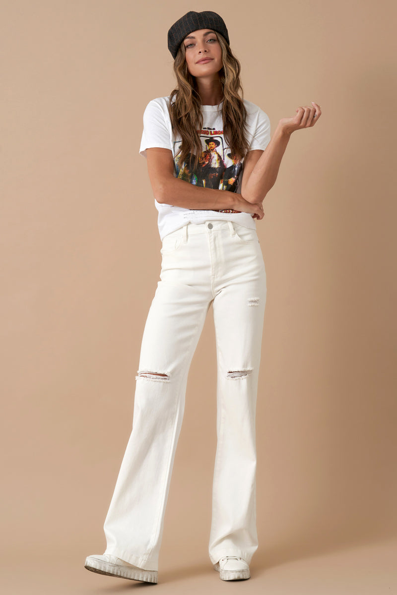 High Rise Marine Straight Distressed White Denim 