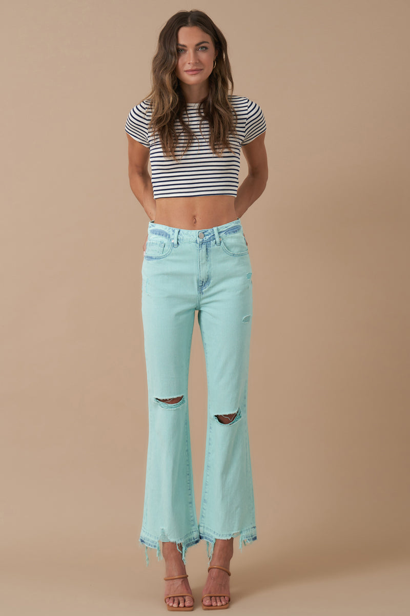High Rise Crop Flare Distressed Jeans 