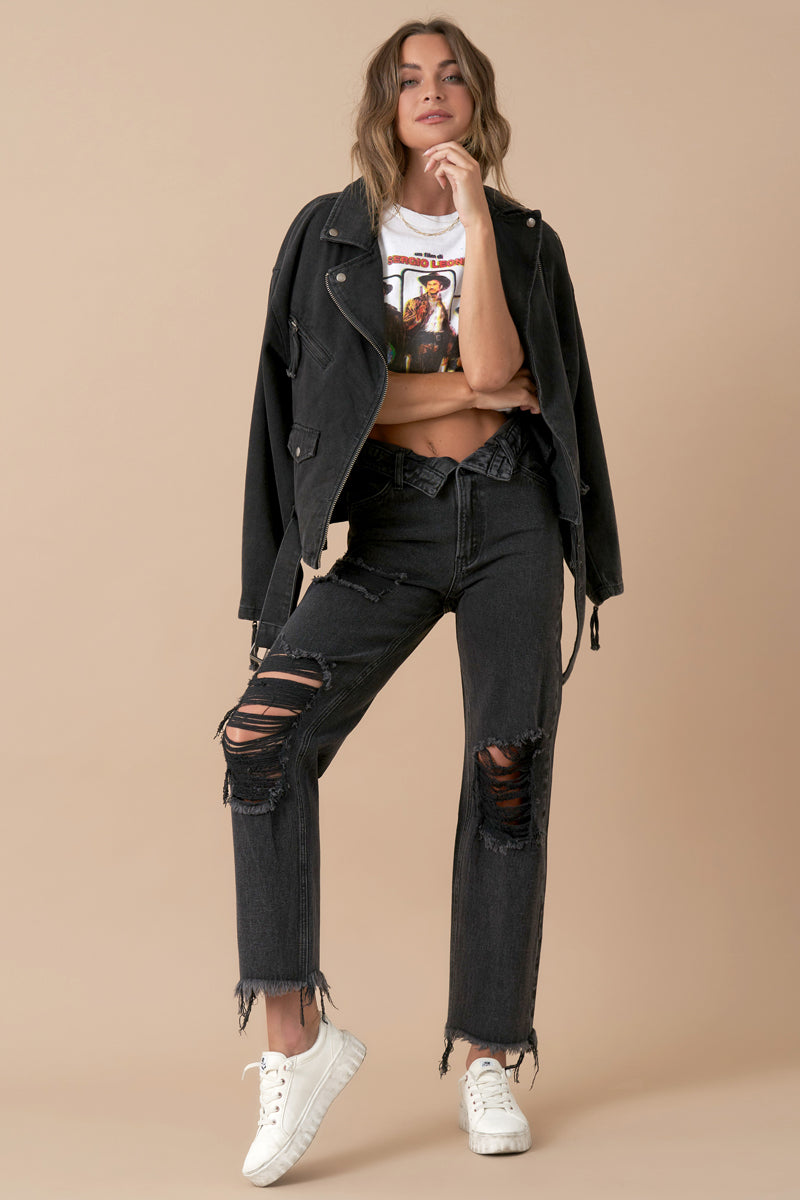 Flipped Waistband Straight Distressed Jeans - Insanegene.com