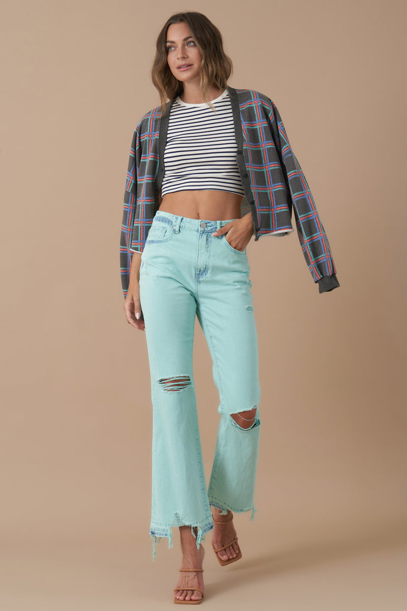 High Rise Crop Flare Distressed Jeans 