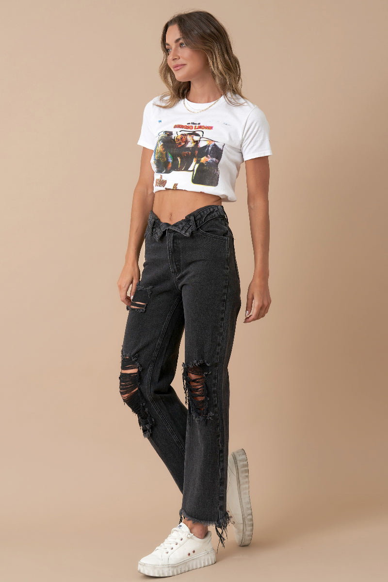 Flipped Waistband Straight Distressed Jeans - Insanegene.com