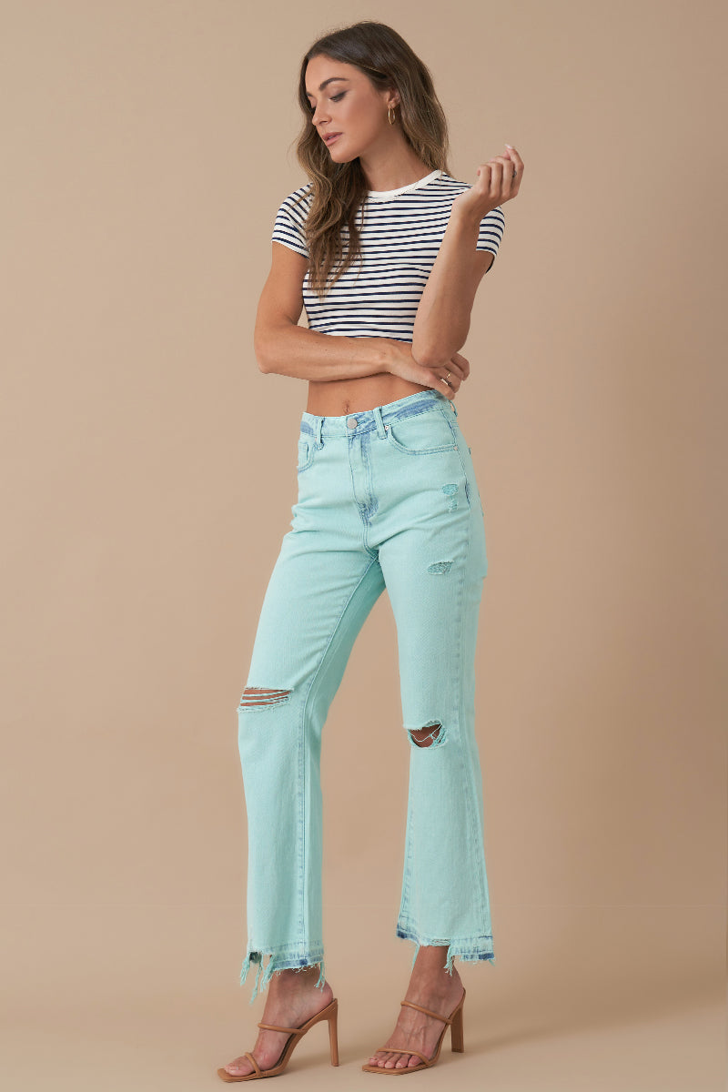 High Rise Crop Flare Distressed Jeans 