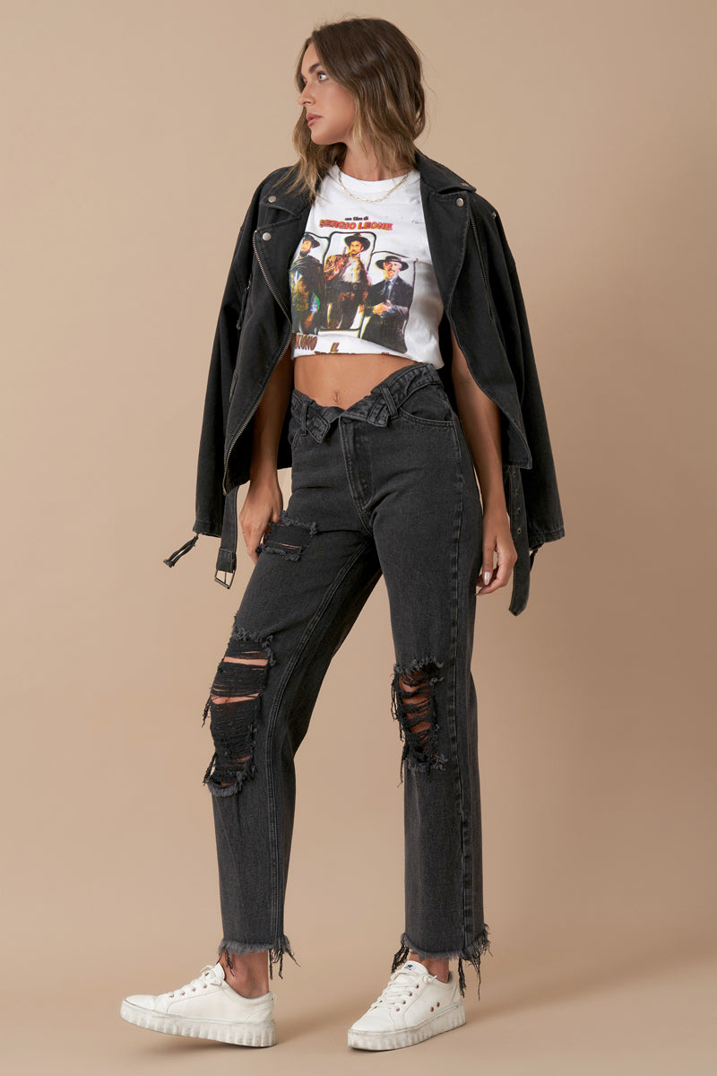Flipped Waistband Straight Distressed Jeans - Insanegene.com