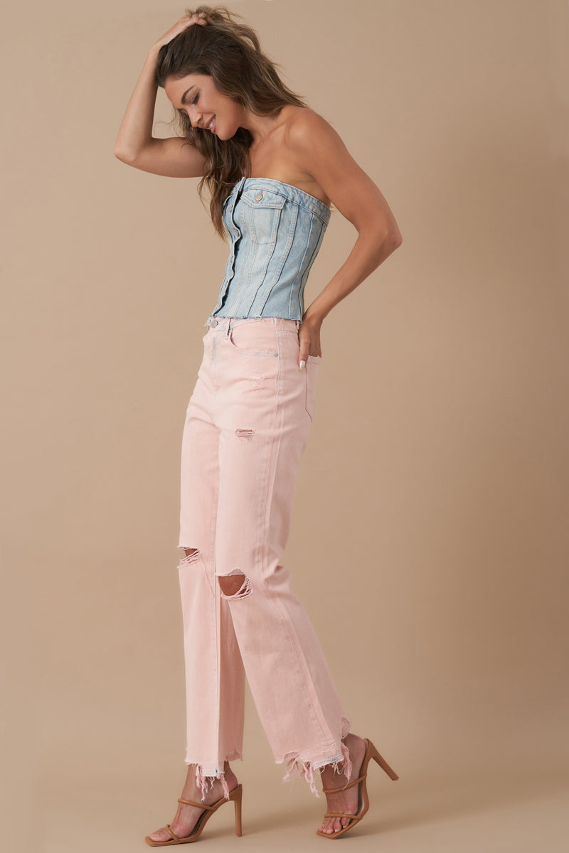 High Rise Crop Flare Distressed Jeans 