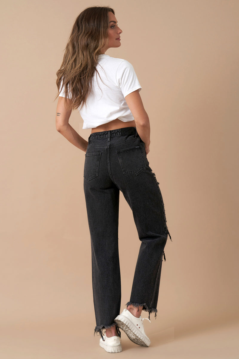 Flipped Waistband Straight Distressed Jeans - Insanegene.com