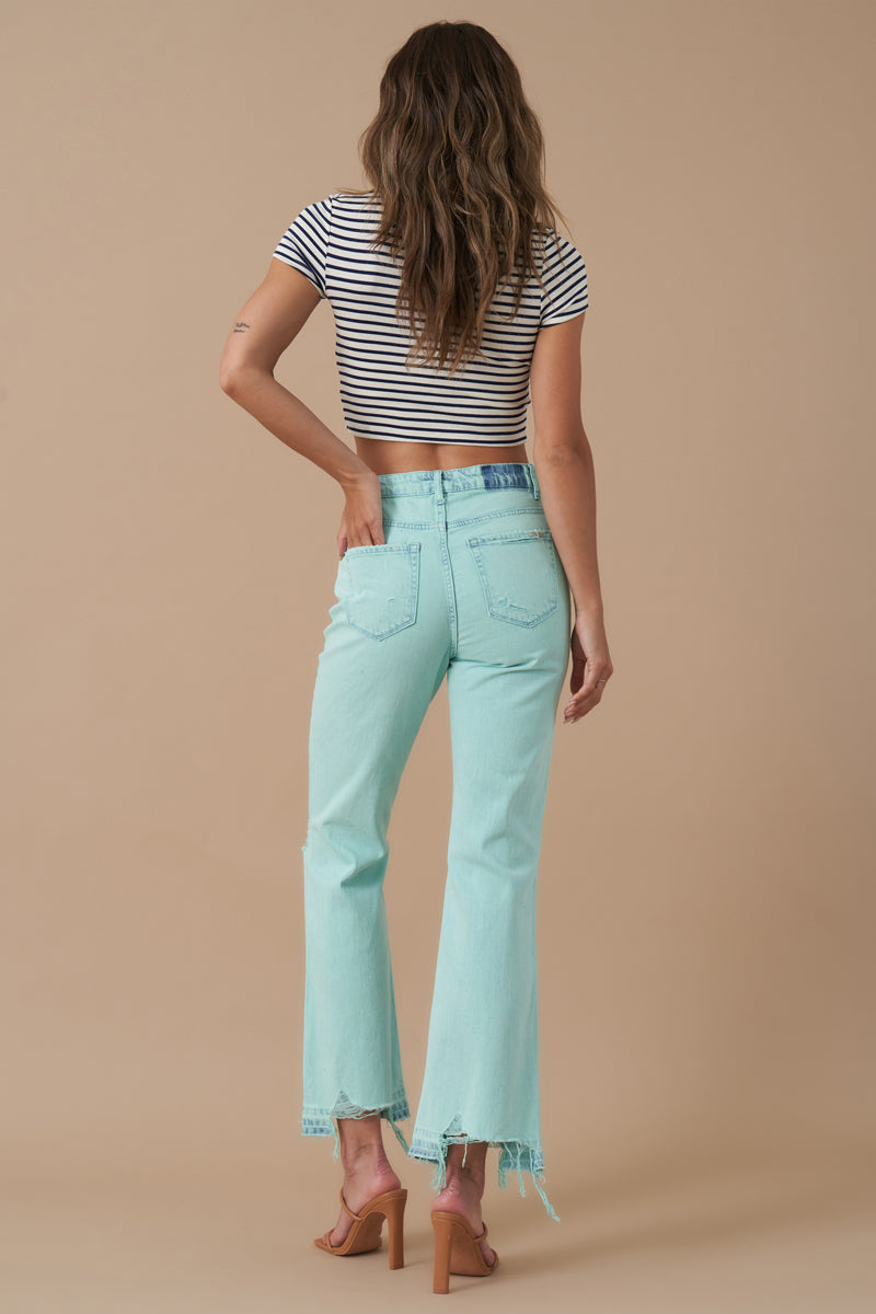 High Rise Crop Flare Distressed Jeans 