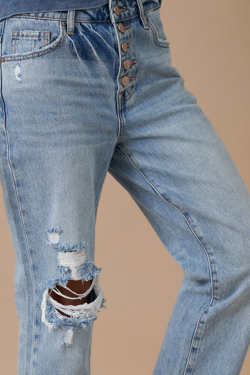 Rolled Up Boyfriend Distressed Vintage Wash Jeans