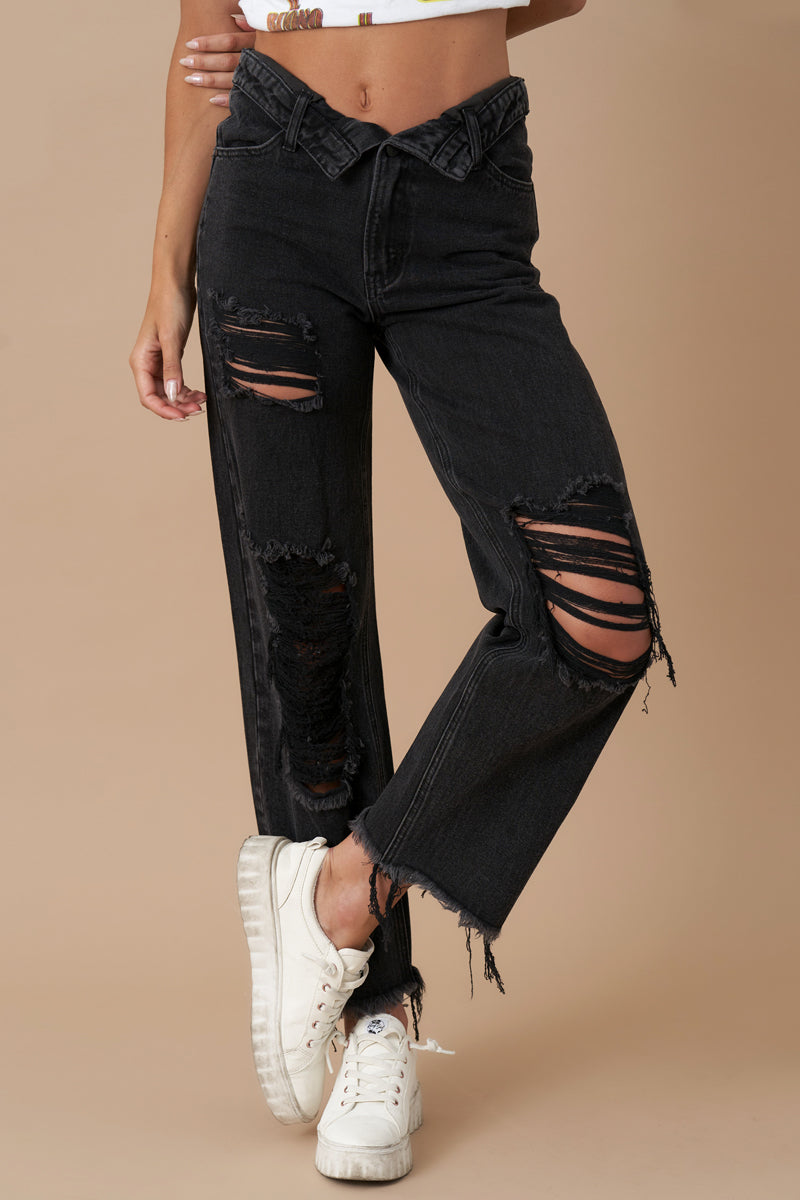 Flipped Waistband Straight Distressed Jeans - Insanegene.com