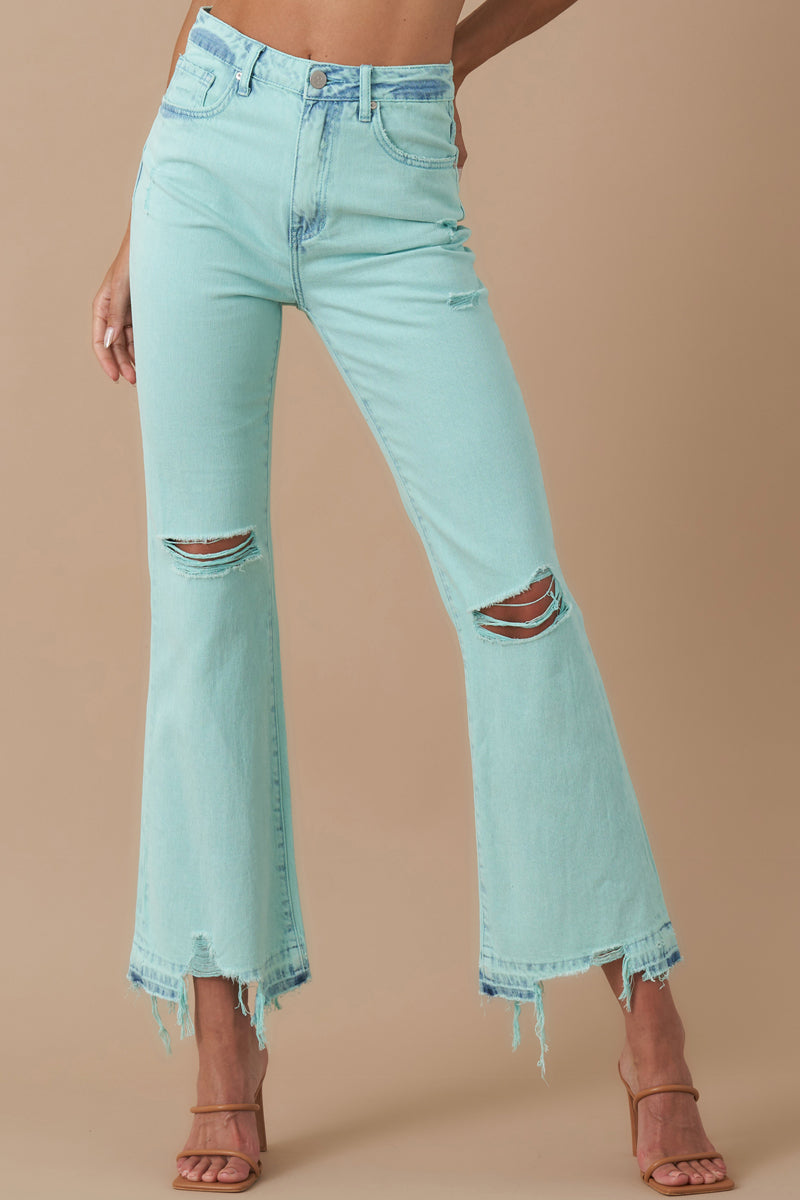 High Rise Crop Flare Distressed Jeans 