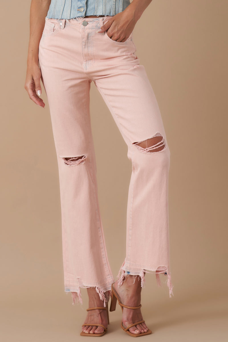 High Rise Crop Flare Distressed Jeans 