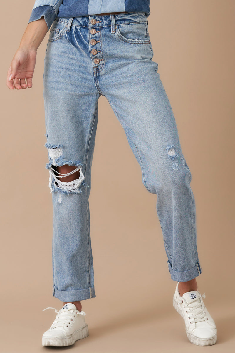 Rolled Up Boyfriend Distressed Vintage Wash Jeans - Insanegene.com