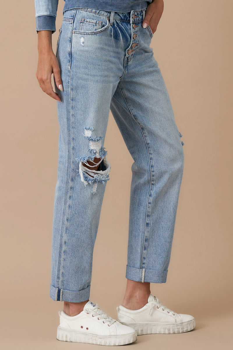 Rolled Up Boyfriend Distressed Vintage Wash Jeans
