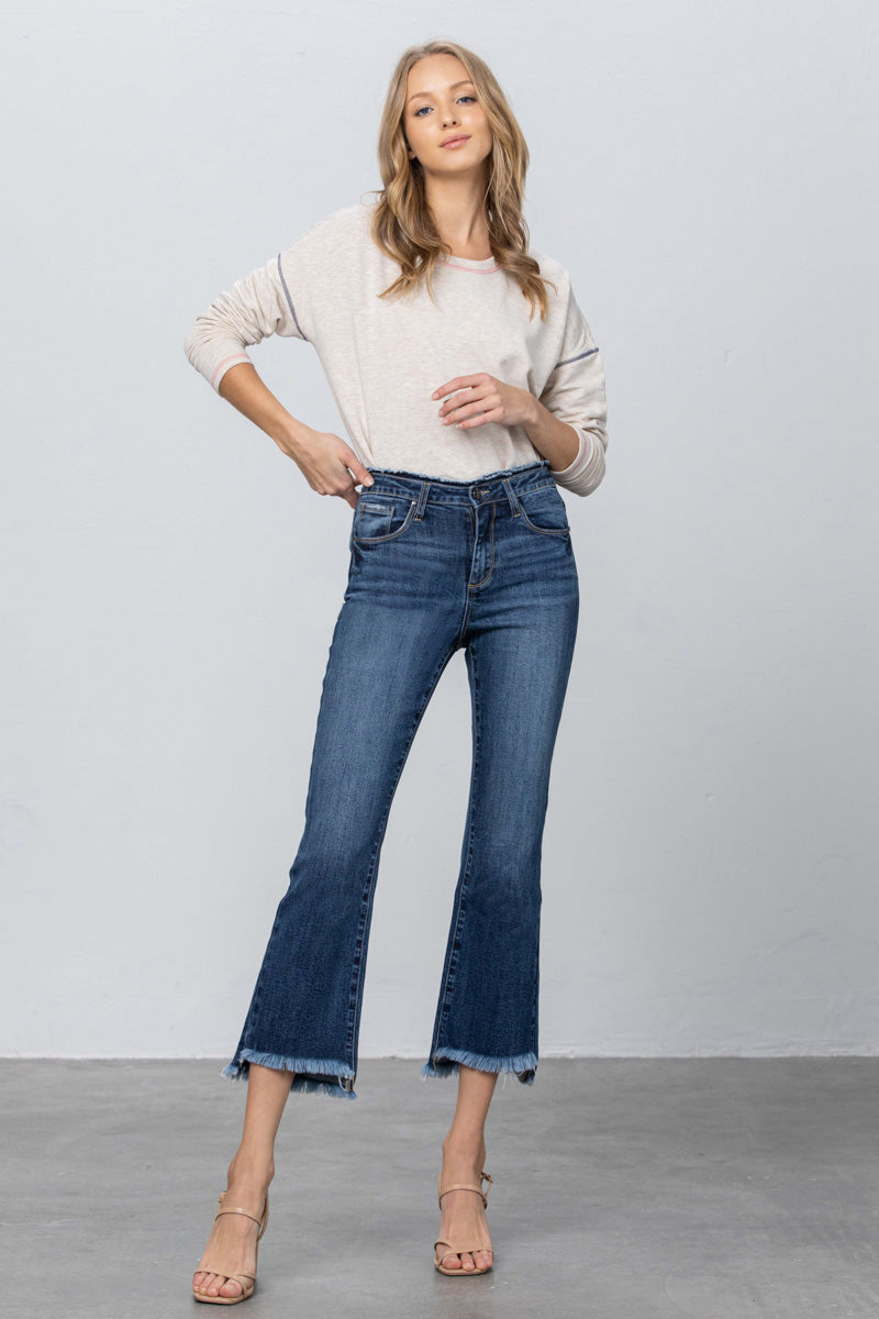 Shorty better Fray Waistband Detail Crop Boot Jeans - Insanegene.com