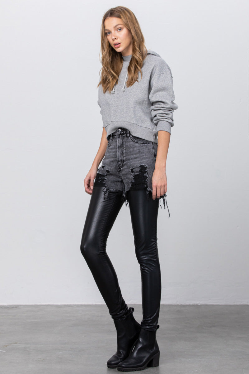 Distressed Love PU Leather Combo Denim Pants - Insanegene.com