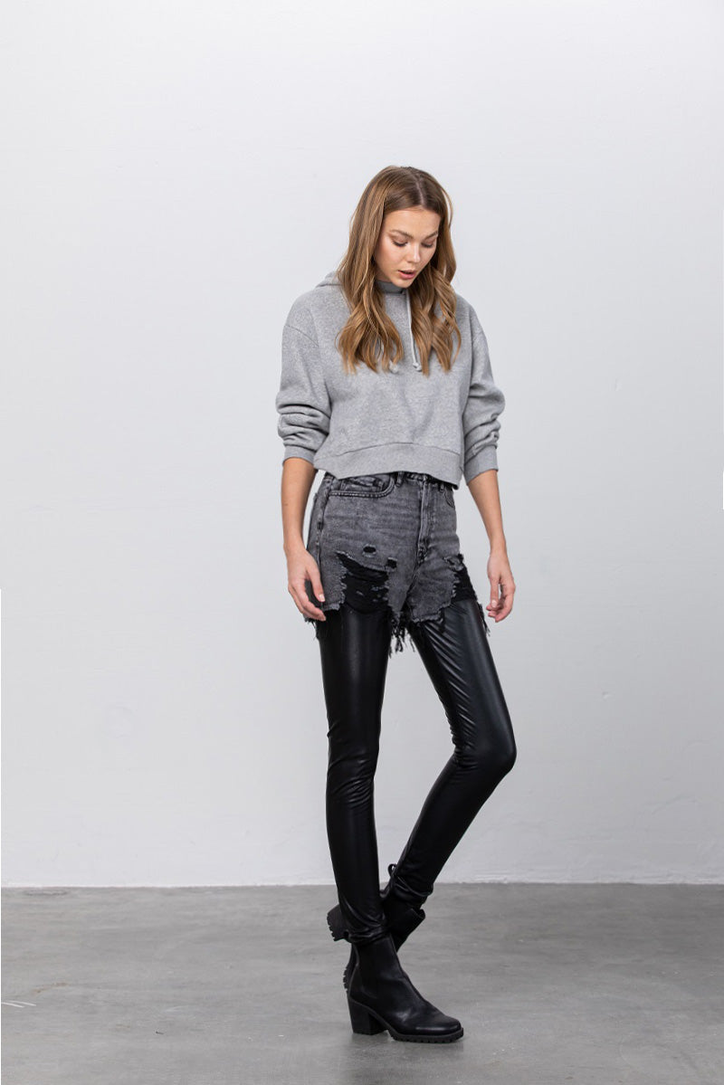 Distressed Love PU Leather Combo Denim Pants - Insanegene.com