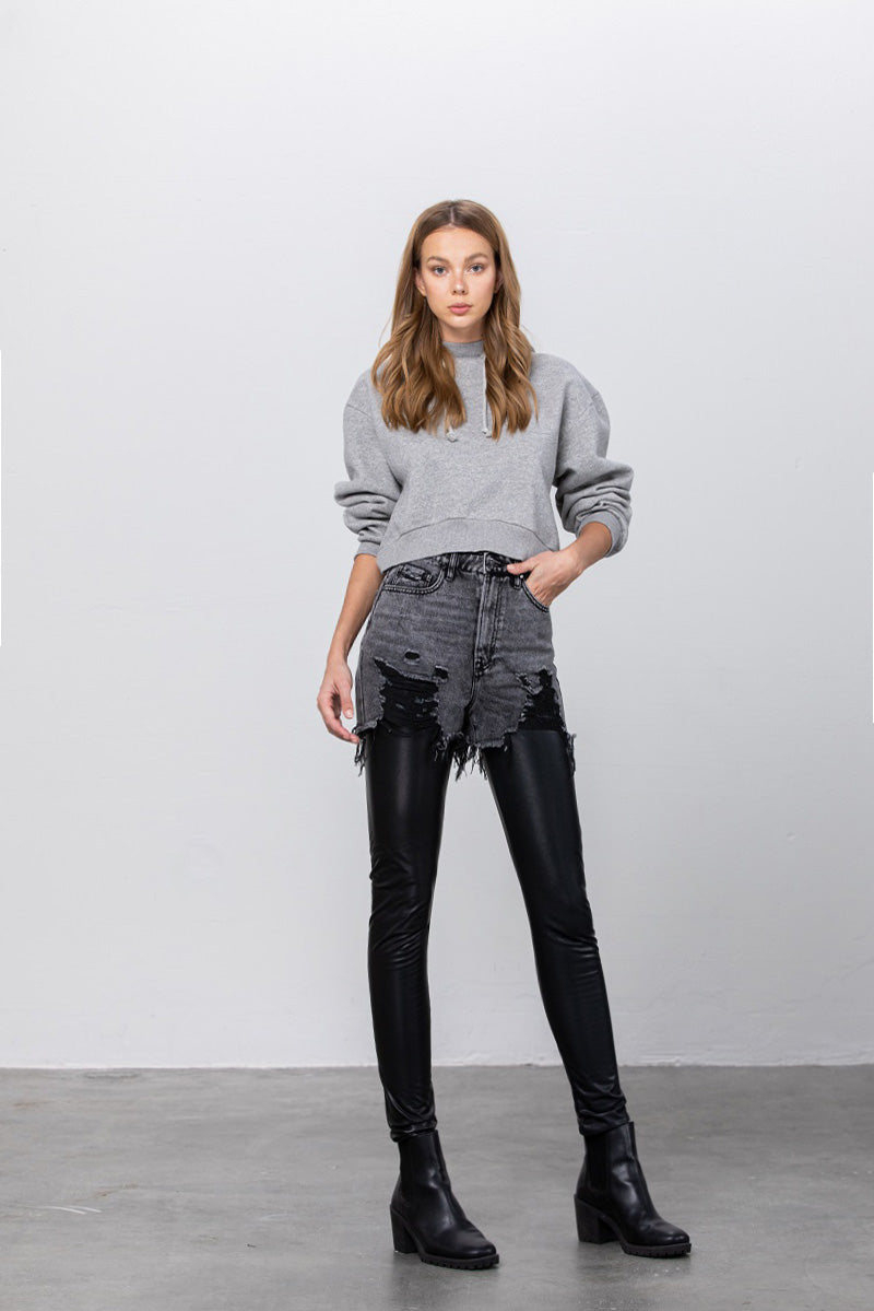 Distressed Love PU Leather Combo Denim Pants - Insanegene.com