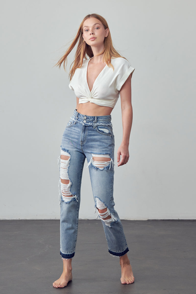 Sasha High Rise Double Waist Banded Jeans - Insanegene.com