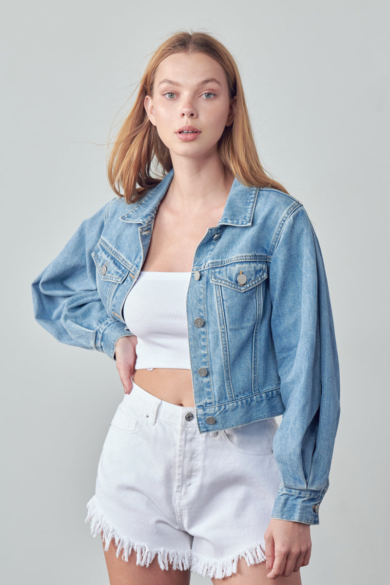 Slip On Puff Sleeve Denim Jacket - Insanegene.com