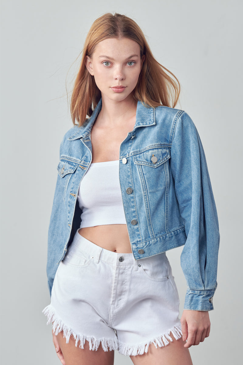 Slip On Puff Sleeve Denim Jacket - Insanegene.com