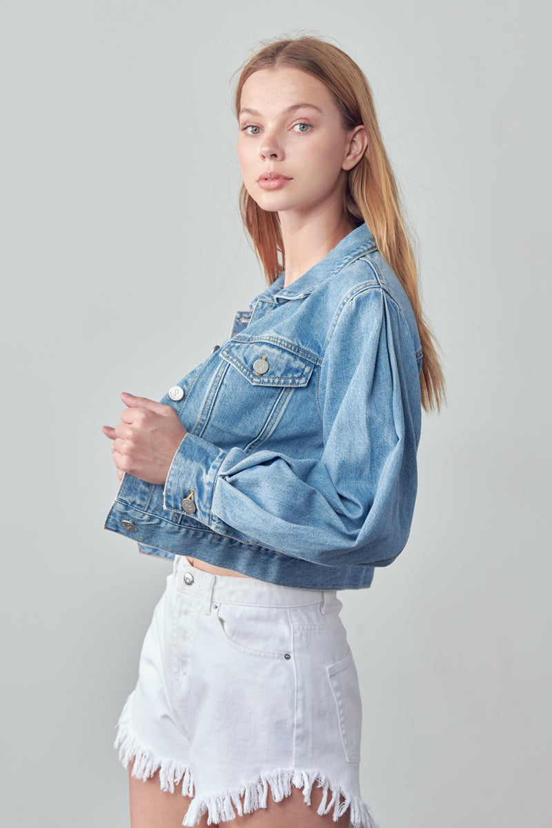 Slip On Puff Sleeve Denim Jacket - Insanegene.com