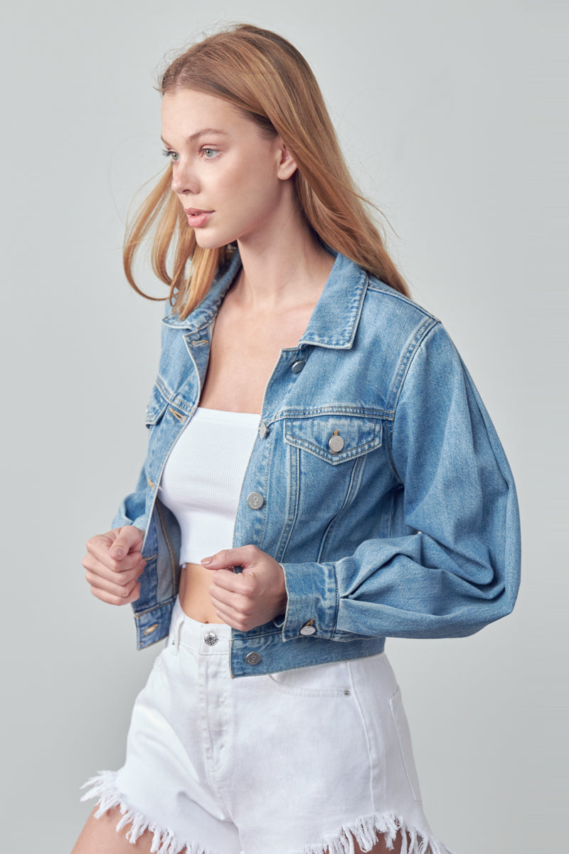 Slip On Puff Sleeve Denim Jacket - Insanegene.com