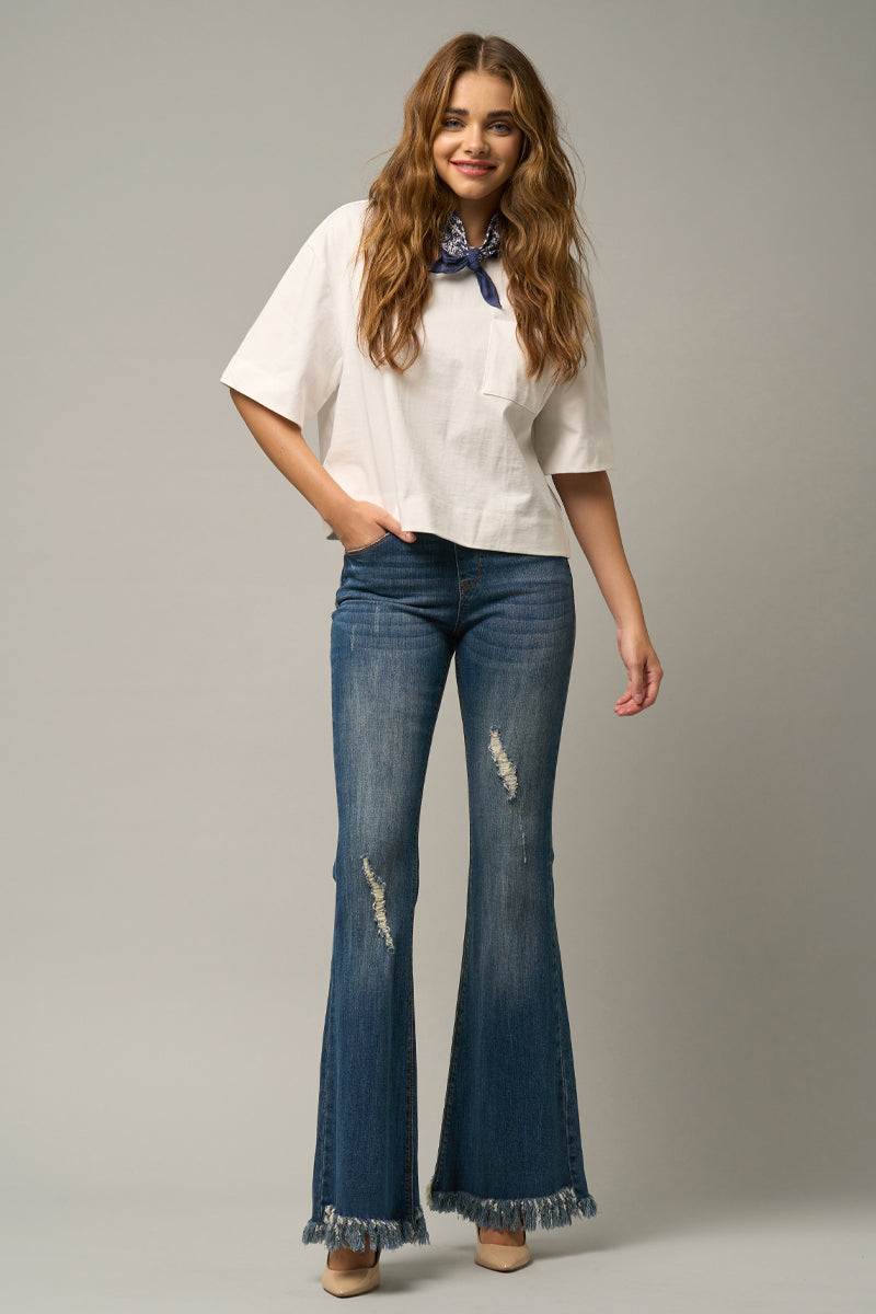 Show Off Wide Elastic Banded Fray Flare Jeans - Insanegene.com