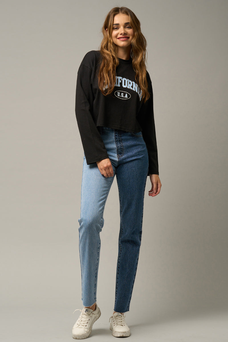 High Rise Two Tone Straight Jeans | Insanegene.com