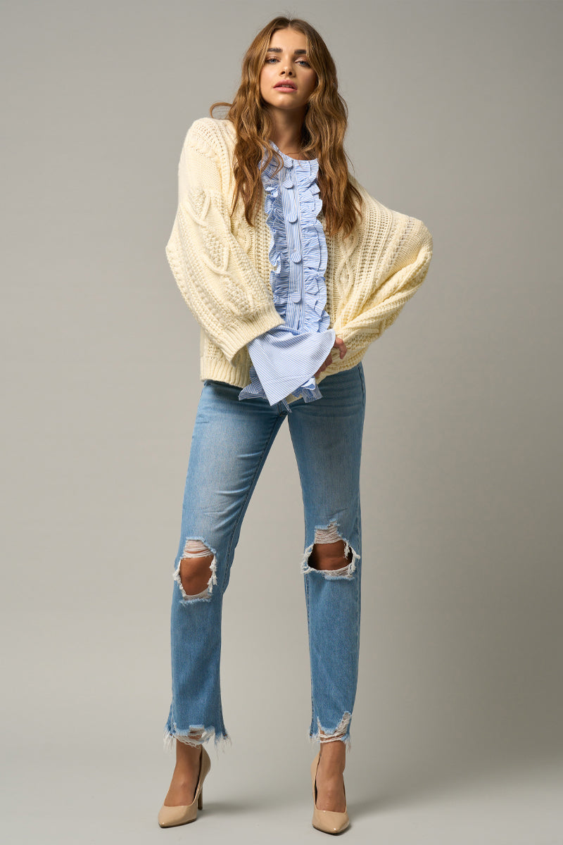 【PORTERNA】Shownu damage straight jeans Z1975 MID-RISE STRAIGHT CUT OUTS RIPPED JEANS - Light blue