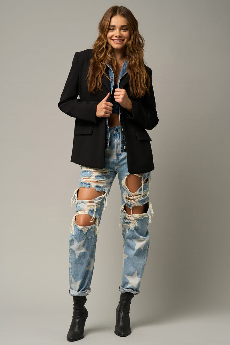 Star Print Design Ripped Slouch Jeans Light Denim - Insanegene.com