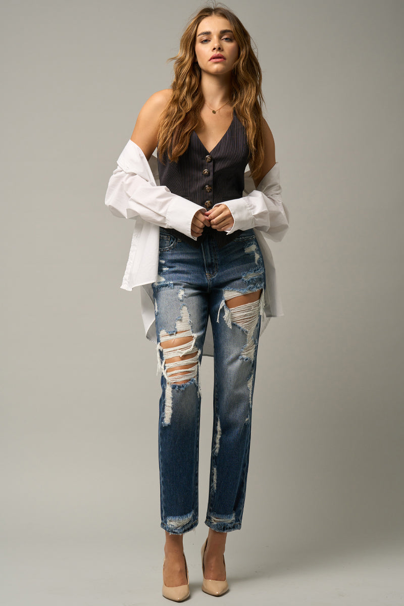 Supper Cute High Waist Straight Heavy Destroyed Jeans - Insanegene.com