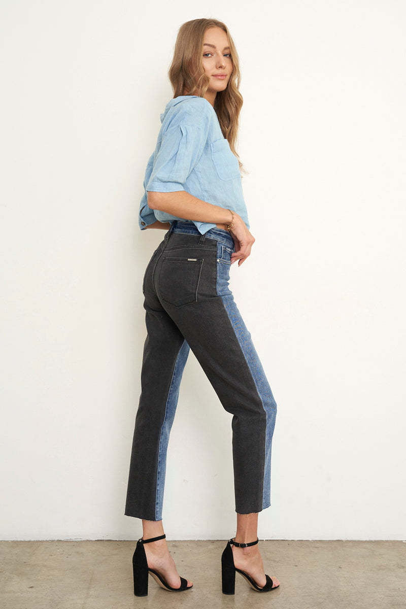 High Waist Black Denim Combo Girlfriend Jeans - Insanegene.com