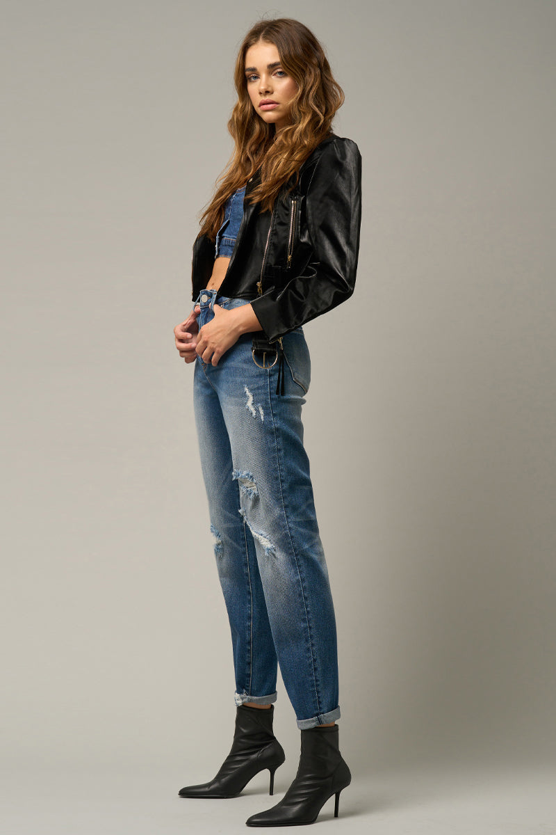 Dark Wash Girlfriend Stretched Jeans - Insanegene.com